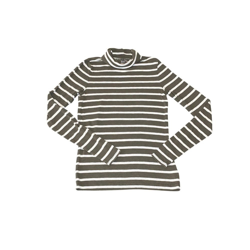 Aerie Real Soft Ribbed Turtleneck Striped Olive Green White Long Sleeve Top S